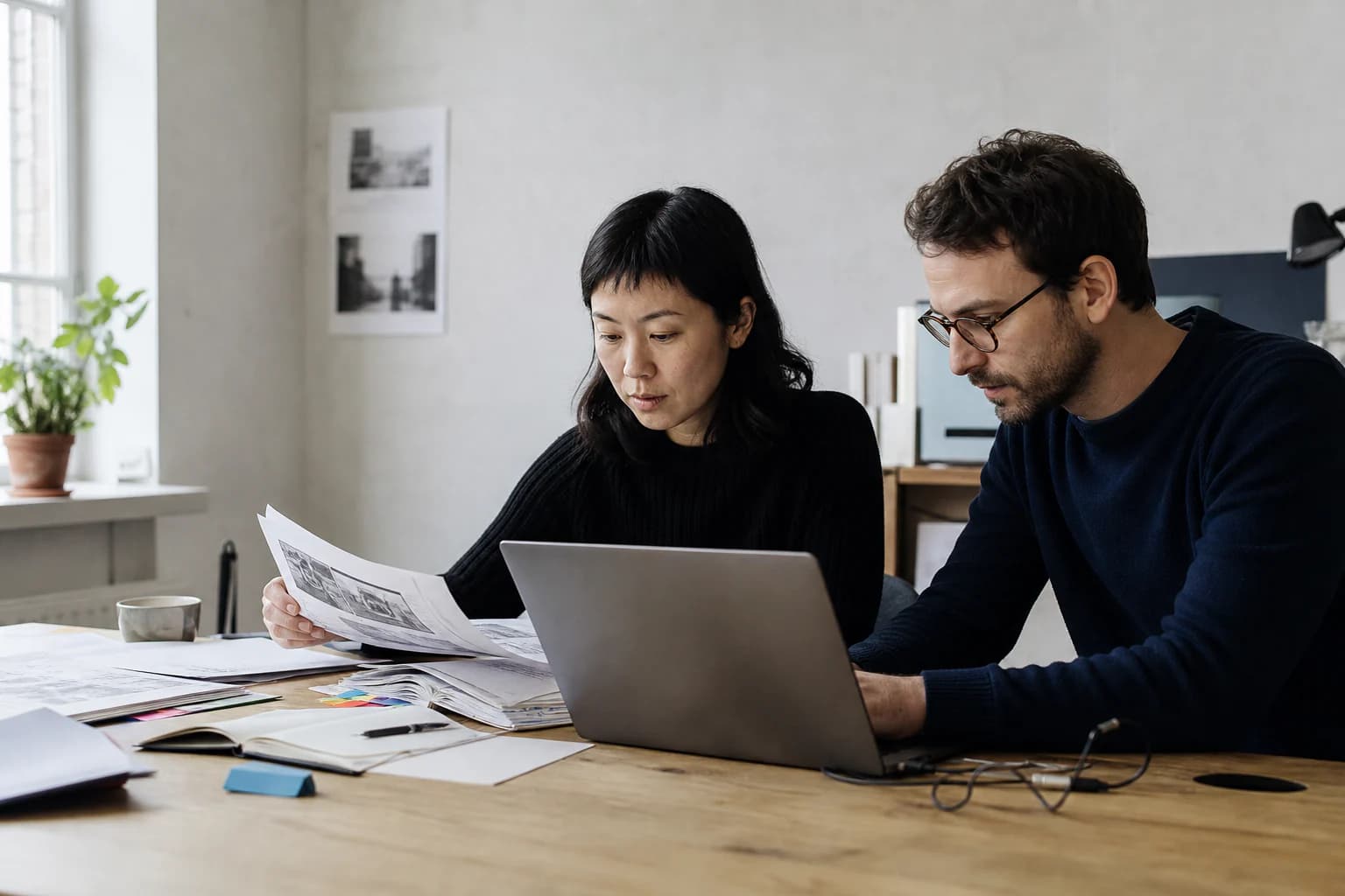 Two professionals evaluating an LLM feature against approved source documents