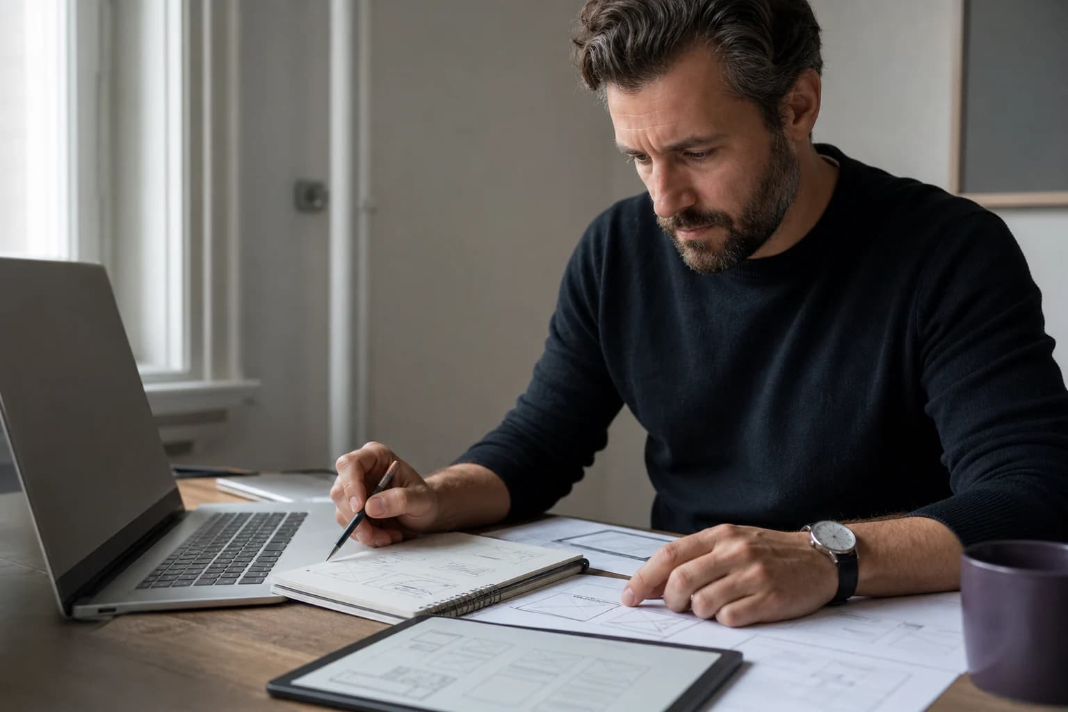 A web product builder reviewing interface sketches at a studio desk