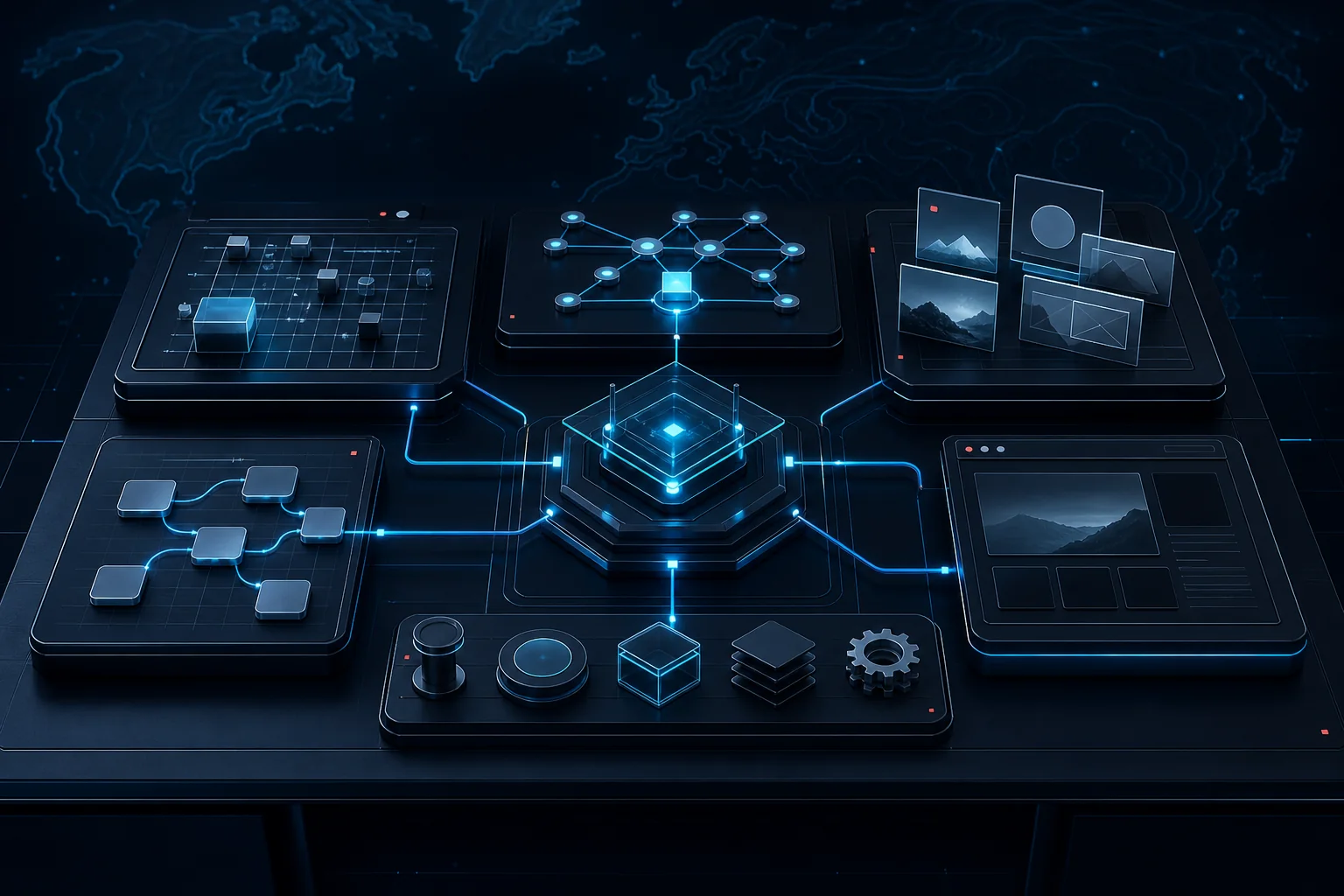 A dark 3D AI implementation studio connected by cyan system routes