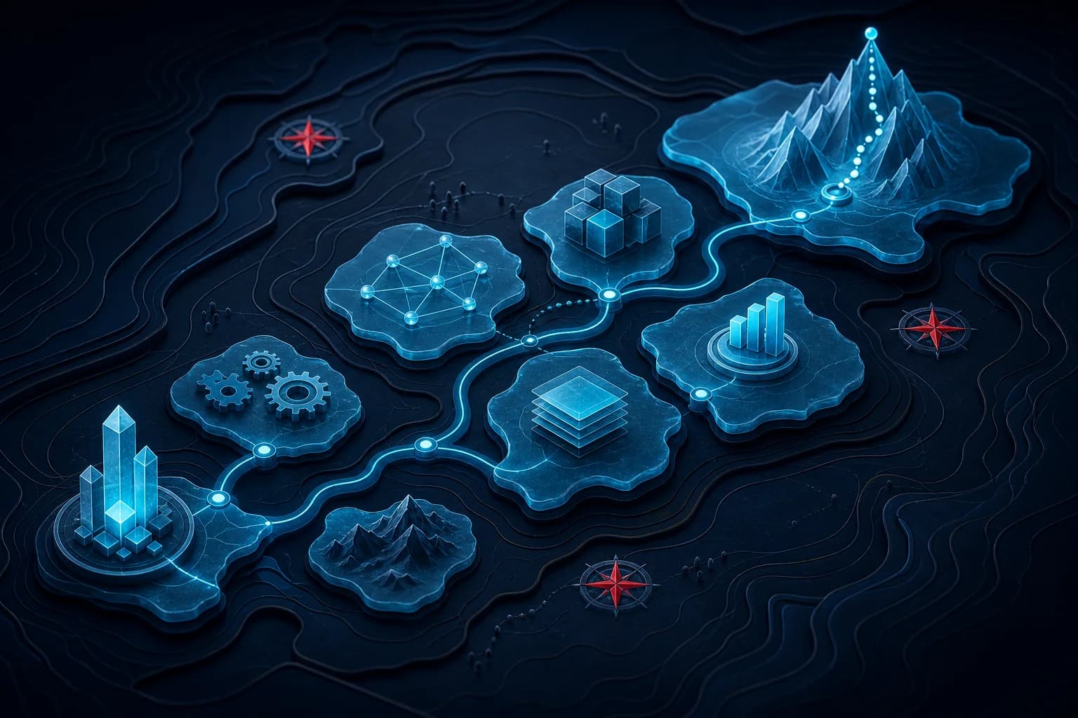 A dark 3D knowledge atlas connecting tools, ideas, and outcomes with cyan routes